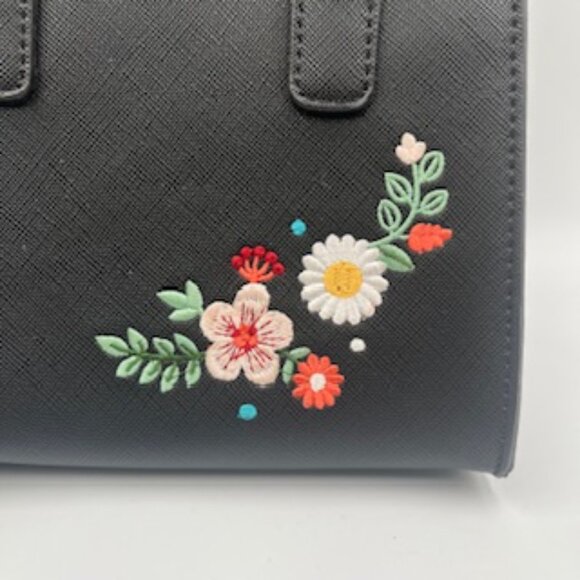 Embroidered Black Mini Crossbody Purse Flowers Handles Faux Leather Bag - Picture 2 of 10